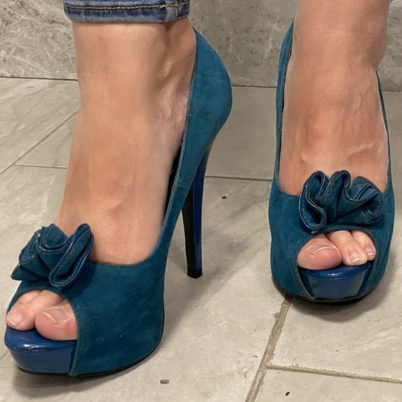 Qupid Teal Green Peep Toe Heels 8 1/2 - Picture 1 of 7